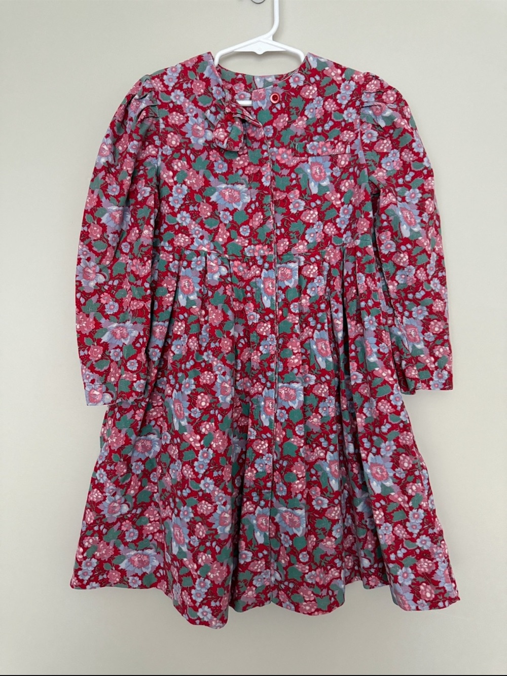 Laura Ashley Red Floral Long-Sleeve Girls Corduroy Dress Size 5-6